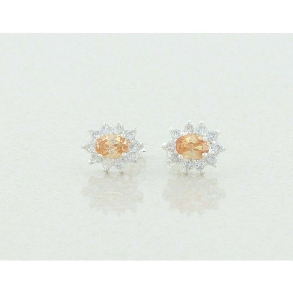 Sterling Silver Orange and White CZ Halo Earrings Stud Post Earrings